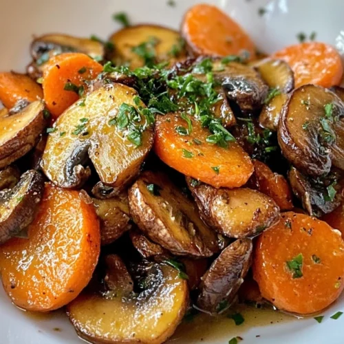 Poêlée de champignons et carottes servie chaude dans une poêle, accompagnée de persil frais