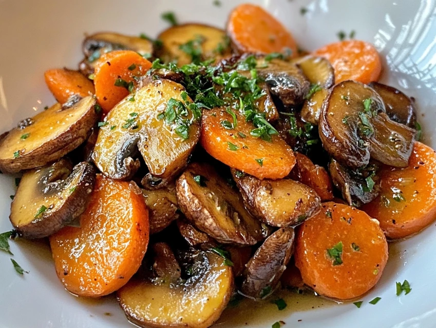 Poêlée de champignons et carottes servie chaude dans une poêle, accompagnée de persil frais