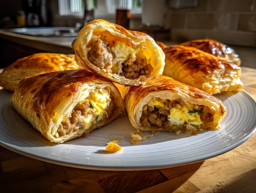 Feuilletés de saucisse, fromage et œuf dorés sur planche rustique