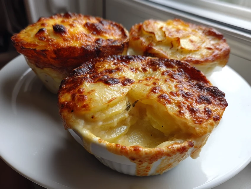 Mini gratins aux œufs, pommes de terre et fromage dans des ramequins dorés