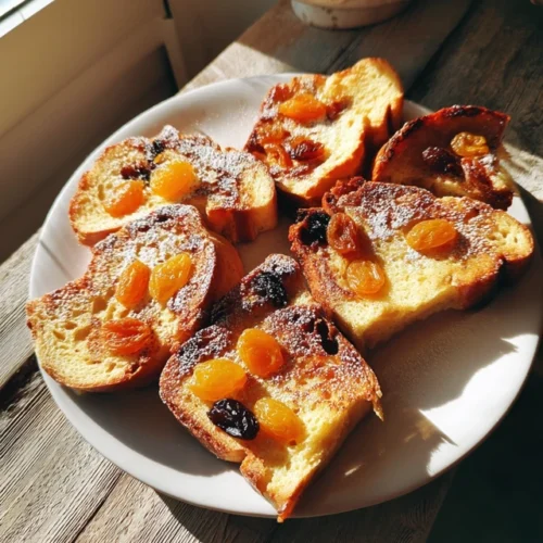 Pain perdu aux fruits secs doré, servi avec une garniture de noix, raisins secs et abricots secs