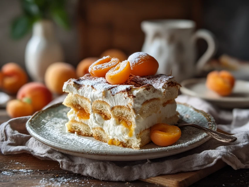 Tiramisu abricot miel romarin en vue du dessus