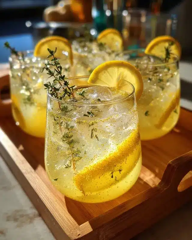 Carafe de limonade maison citron-gingembre-thym posée sur un plan de travail avec deux verres à moitié remplis, décorés de tranches de citron et herbes fraîches, éclairés par la lumière naturelle.