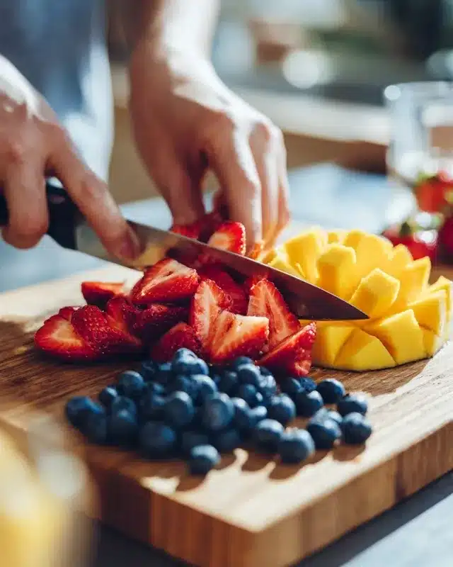 Préparation des fruits pour yaourt grec