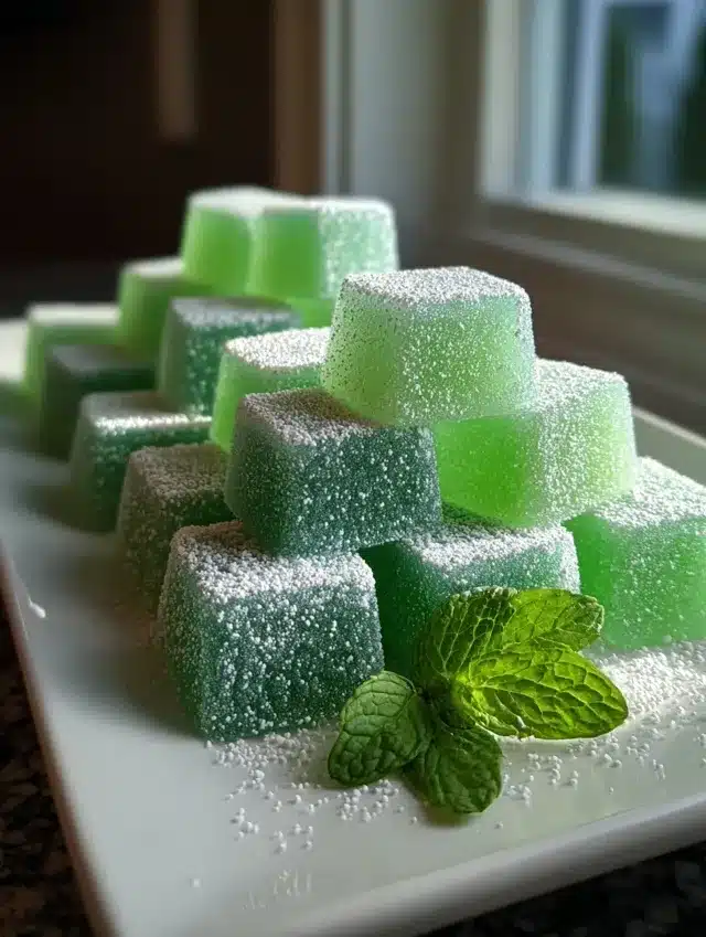 Petits bonbons translucides à la menthe verte, tenus dans une main, capturés avec lumière naturelle en cuisine.