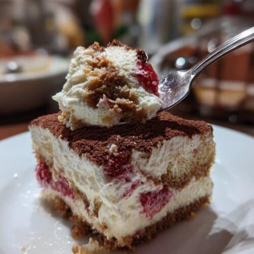 Tiramisu coco-framboises avec cacao saupoudré et framboises sur le dessus