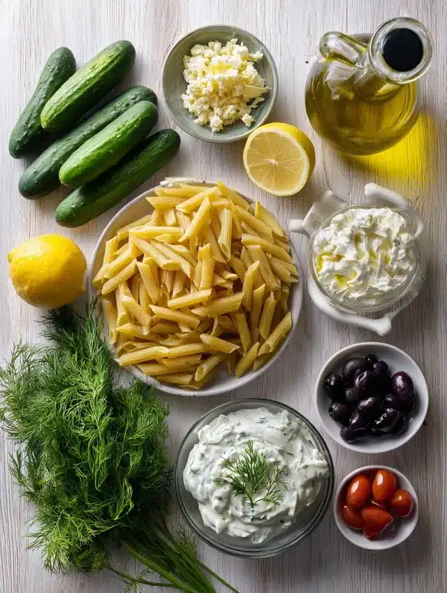 ingrédients pour salade de pâtes au tzatziki