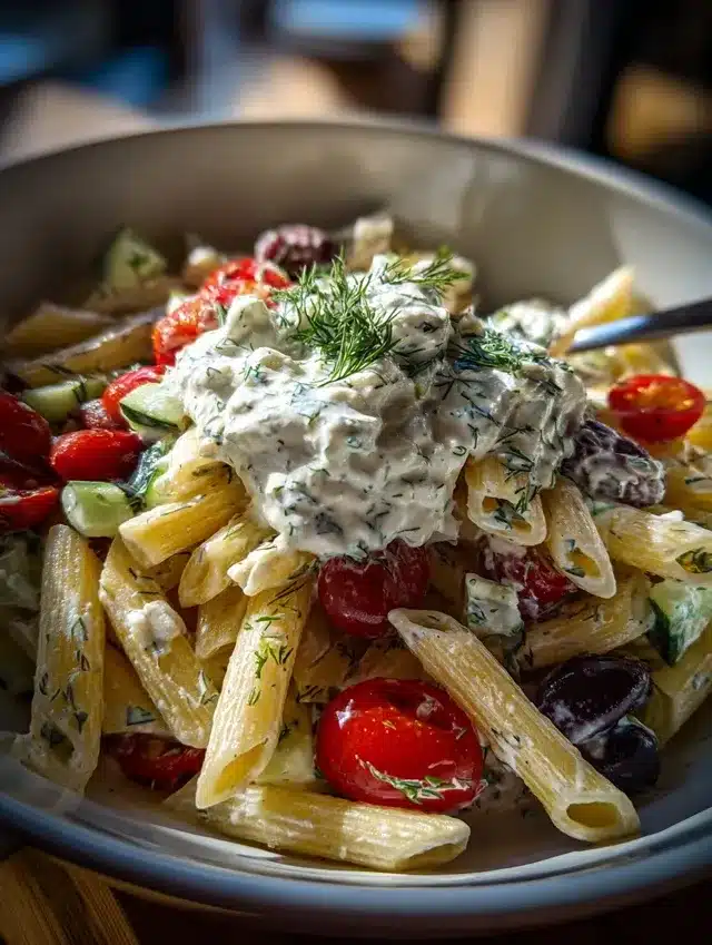 salade de pâtes façon tzatziki dans un pot