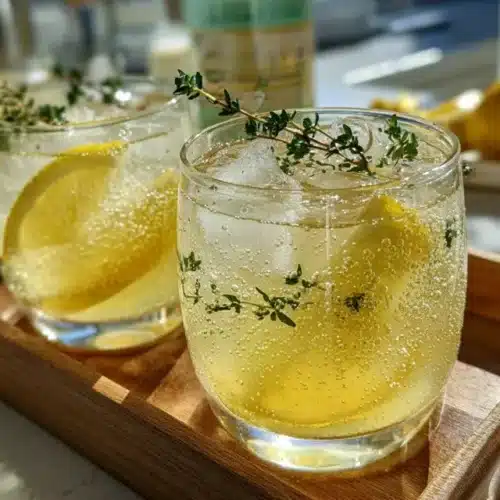 Limonade pétillante citron : Limonade maison au citron, gingembre et thym servie bien fraîche avec glaçons et herbes fraîches dans un verre transparent sur un comptoir de cuisine ensoleillé.