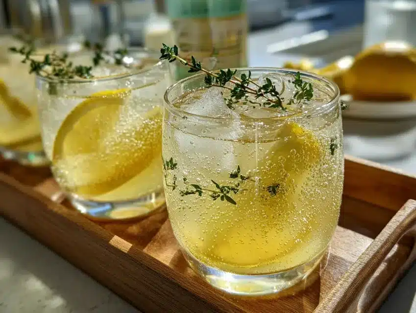 Limonade pétillante citron : Limonade maison au citron, gingembre et thym servie bien fraîche avec glaçons et herbes fraîches dans un verre transparent sur un comptoir de cuisine ensoleillé.