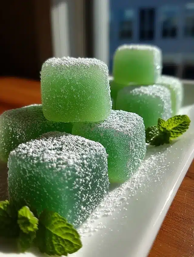 Vue rapprochée de bonbons artisanaux à la menthe dans une main, sous lumière naturelle, avec arrière-plan flou d’une cuisine maison.