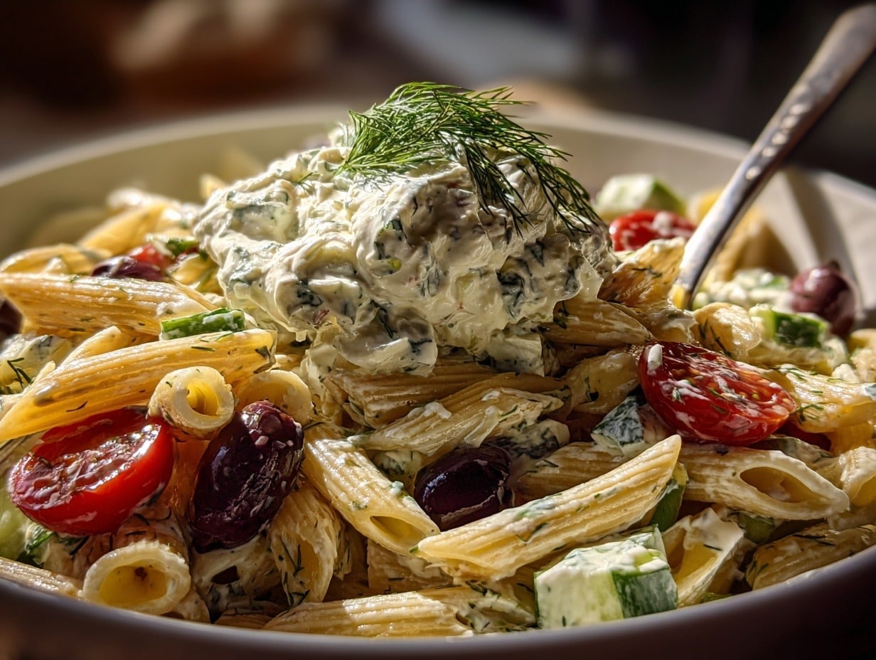 salade de pâtes façon tzatziki dans un saladier