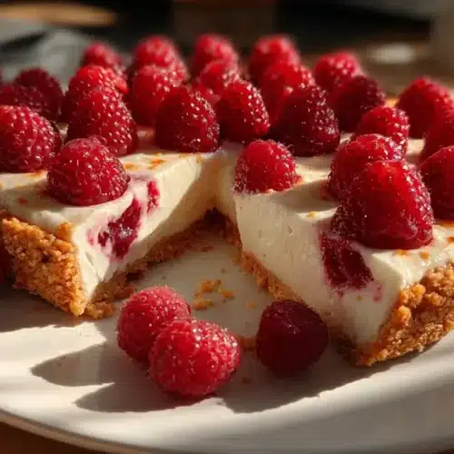 Tarte framboises sans cuisson avec crème légère et framboises fraîches, servie froide en été