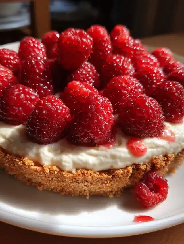 Préparation de la tarte framboises sans cuisson avec crème pâtissière légère en cours de montage