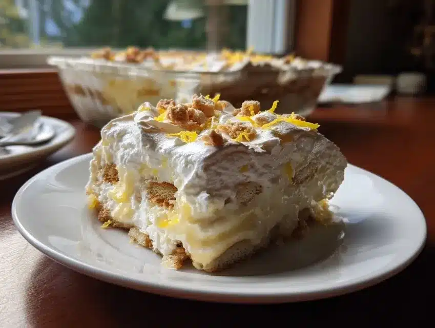Tiramisu citron meringué maison servi en verrine avec meringue croustillante et zestes de citron sur le dessus