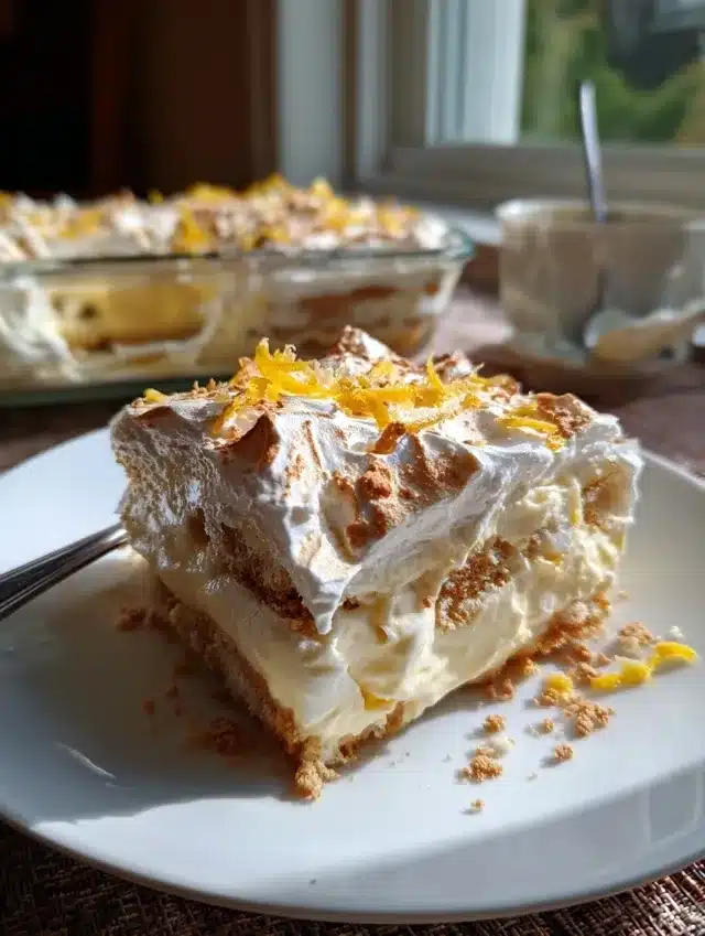 Part de tiramisu citron meringué découpée dans un plat en verre, avec crème onctueuse et éclats de meringue sur le dessus