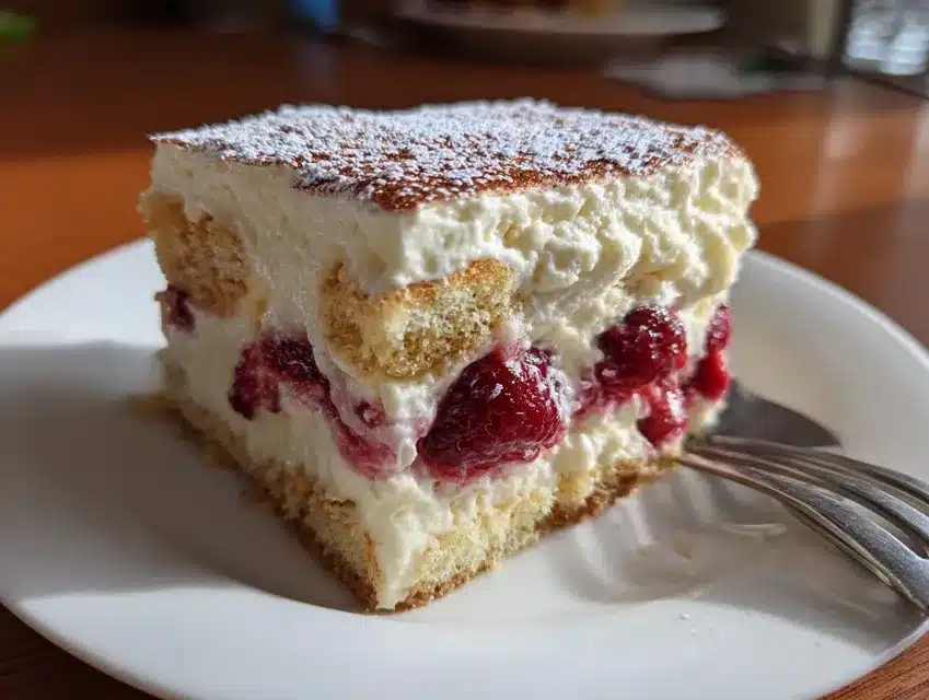 Tiramisu coco-framboises en coupe, crème mascarpone et framboises fraîches sur biscuit
