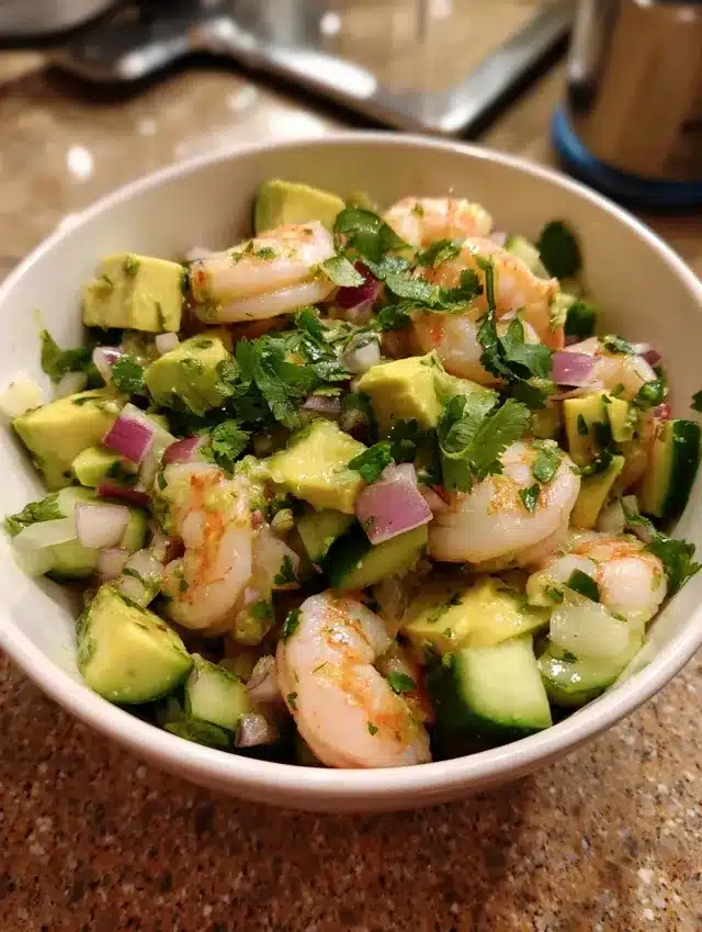 Avocat, crevettes, salade verte et citron vert disposés sur un plan de travail prêt pour une recette rapide