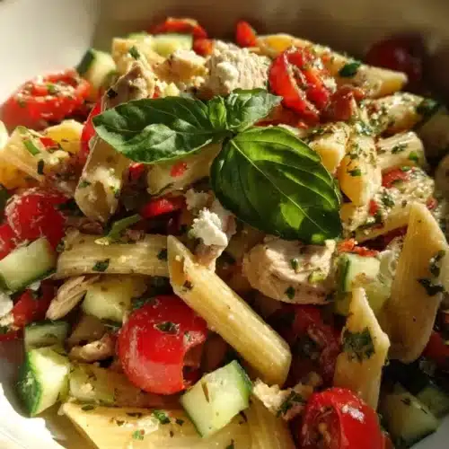 salade de pates au poulet : Assiette de salade de pâtes au poulet avec légumes d’été, mozzarella et vinaigrette, servie fraîche sur une table en bois claire