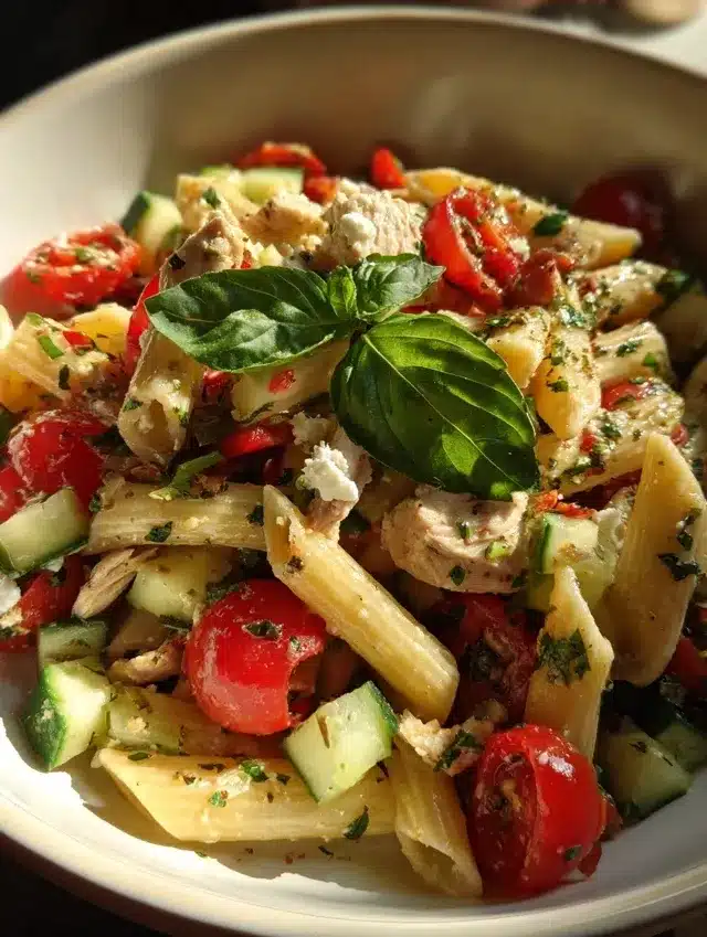 salade de pates au poulet : Assiette de salade de pâtes au poulet avec légumes d’été, mozzarella et vinaigrette, servie fraîche sur une table en bois claire