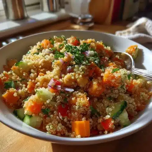 Salade de quinoa et pois chiches maison servie dans un bol blanc, avec légumes frais colorés et herbes aromatiques, prête à être dégustée.
