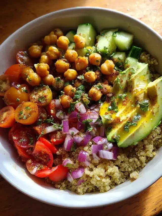 Salade de quinoa et pois chiches maison servie dans un bol blanc, avec légumes frais colorés et herbes aromatiques, prête à être dégustée. variantes