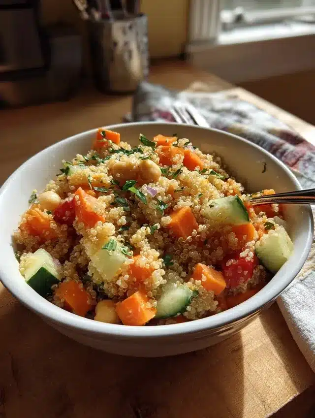 Zoom sur une salade de quinoa et pois chiches, montrant les grains moelleux, les dés de légumes croquants et une vinaigrette brillante en surface.