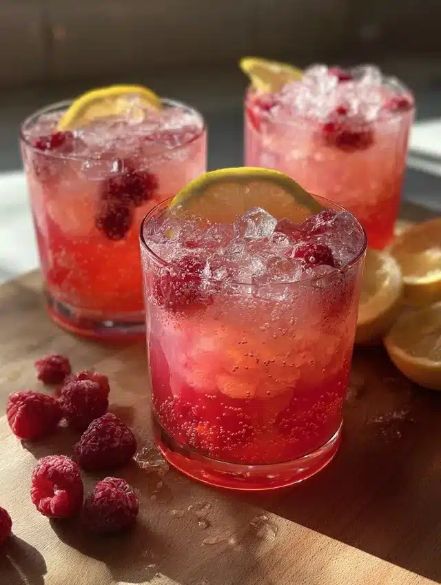 limonade maison à la framboise : Verre de limonade maison à la framboise posé sur un plan de travail, garni de framboises entières, de rondelles de citron et de feuilles de menthe.