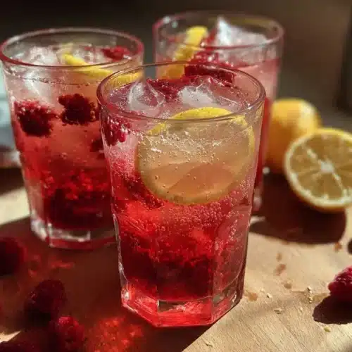 limonade maison à la framboise : Verre de limonade maison à la framboise posé sur un plan de travail, garni de framboises entières, de rondelles de citron et de feuilles de menthe.