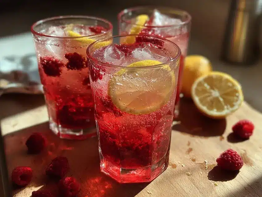 limonade maison à la framboise : Verre de limonade maison à la framboise posé sur un plan de travail, garni de framboises entières, de rondelles de citron et de feuilles de menthe.
