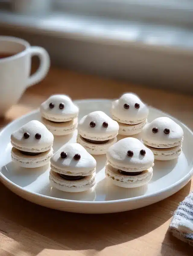 macarons-fantomes-halloween-chocolat-noir Macarons fantômes blancs avec yeux en chocolat noir pour Halloween, présentés sur une assiette dans une cuisine familiale