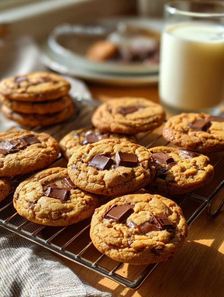 Cookies Américains Maison - Refroidissement et Dégustation Authentique Cookies américains dorés refroidissant sur grille métallique avec verre de lait, ambiance cuisine chaleureuse, recette Recettes Authentiques